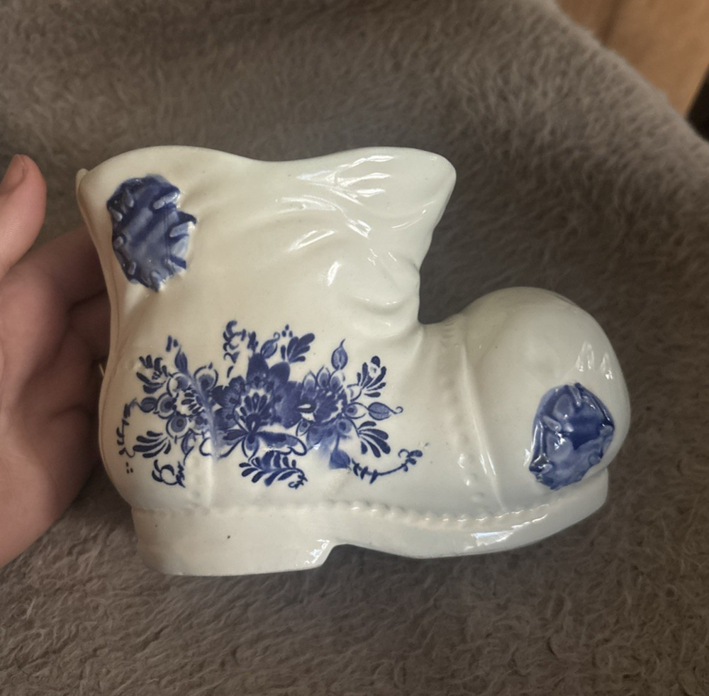Vintage Ceramic Indigo Blue Floral Boot Vase Planter Made in Japan Cottagecore